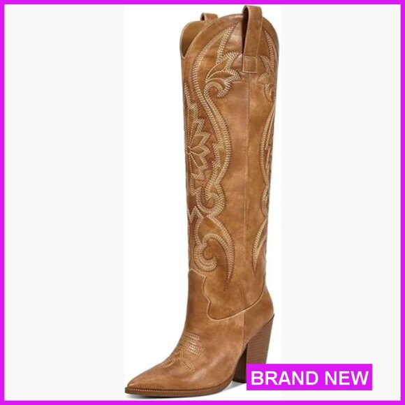 Cowboy Knee High Boots Chunky Heel Retro Western Slip On Embroidered Pointed Toe